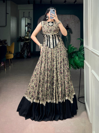 Black Pure Polyester Viscose Chanderi Cotton Thread Mirror Lace Work Navratri Gown