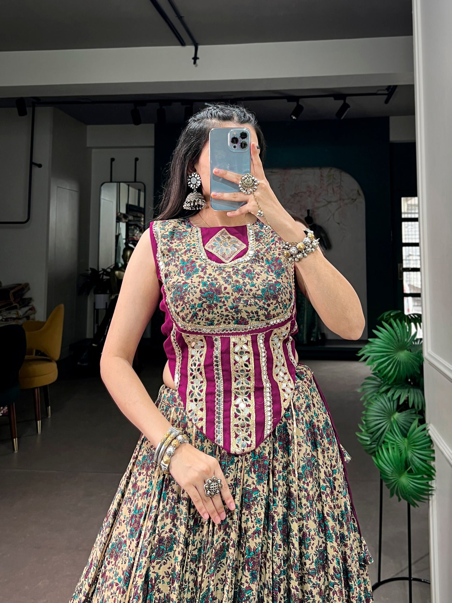Wine Pure Polyester Viscose Chanderi Cotton Thread Mirror Lace Work Navratri Gown