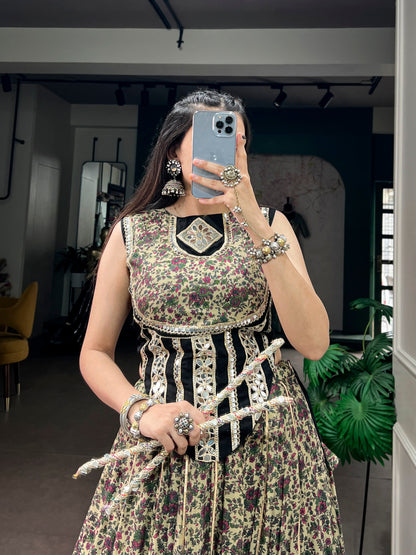 Black Pure Polyester Viscose Chanderi Cotton Thread Mirror Lace Work Navratri Gown