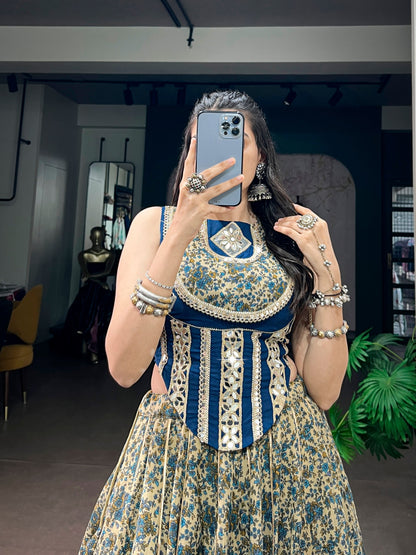 Navy Blue Pure Polyester Viscose Chanderi Cotton Thread Mirror Lace Work Navratri Gown
