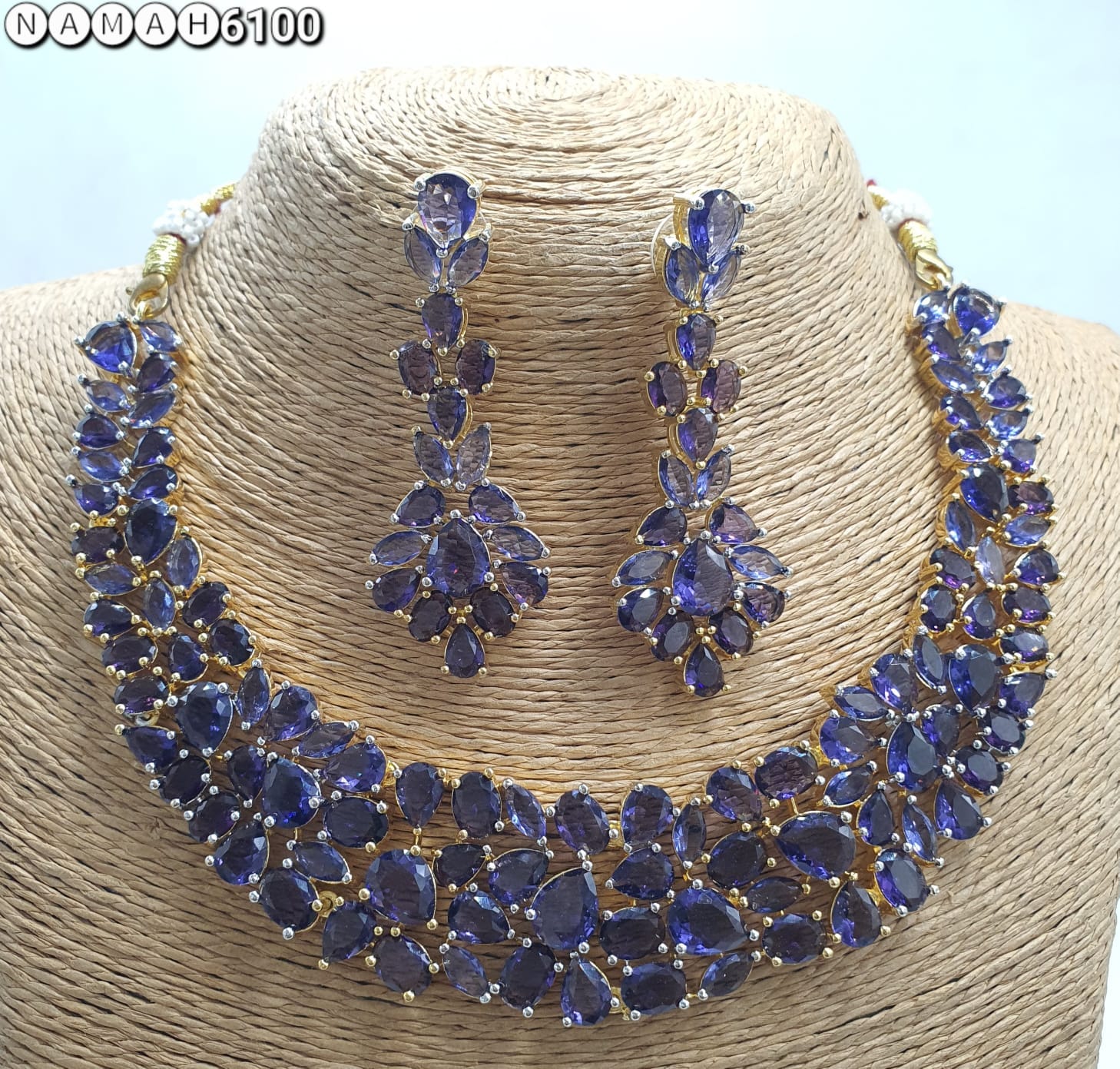 Blue American Diamond Necklace Jewellery Set