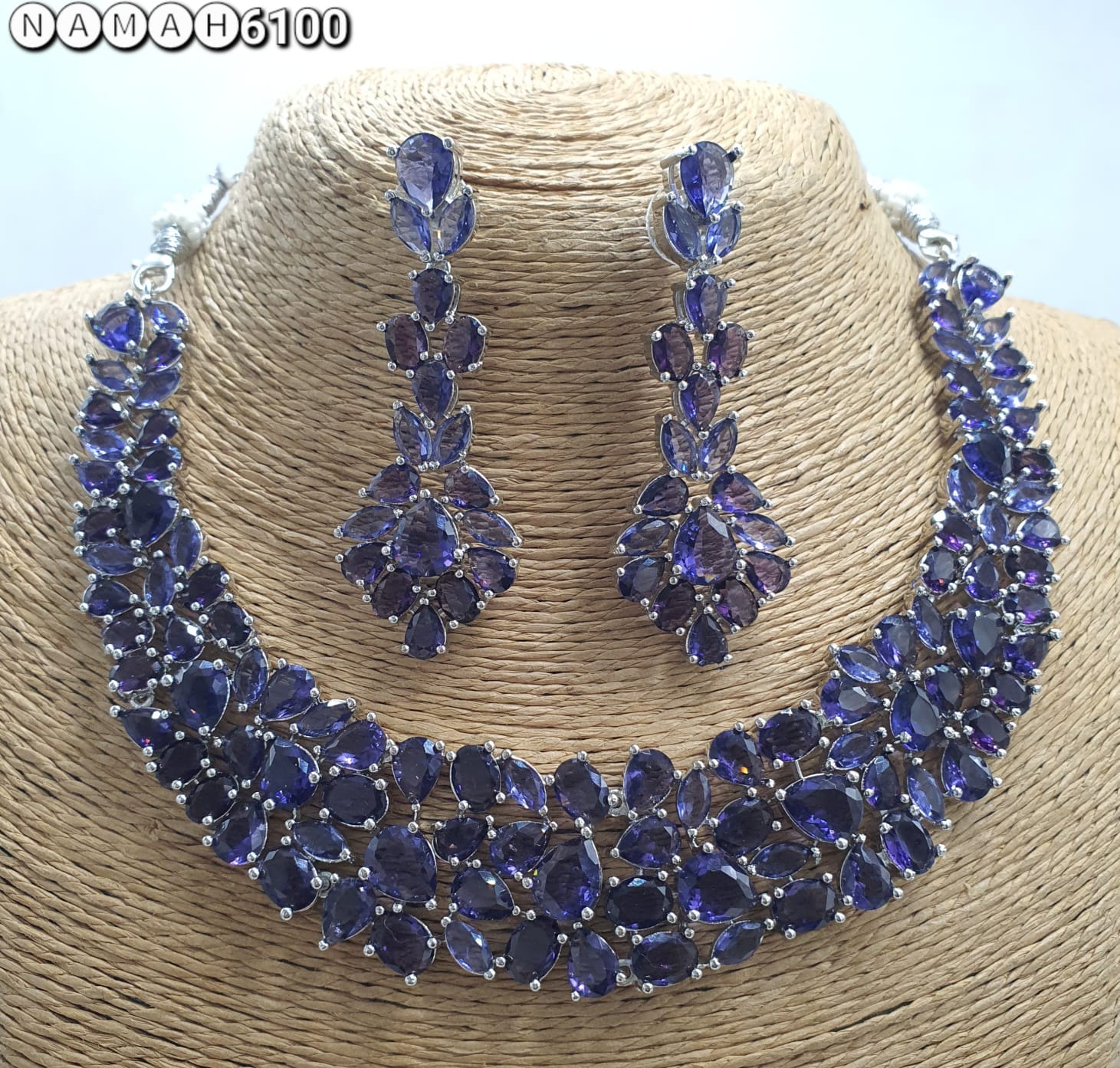 Navy American Diamond Necklace Jewellery Set