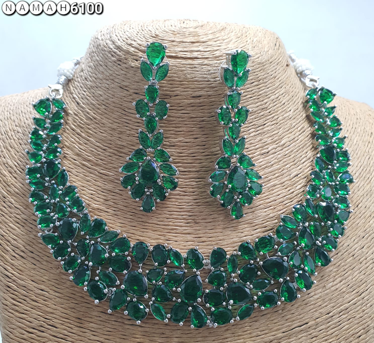 Green American Diamond Necklace Jewellery Set