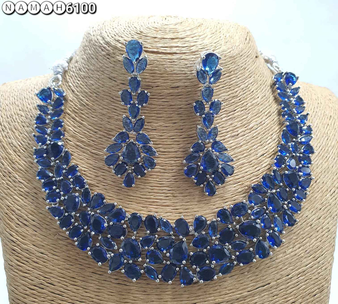 Blue American Diamond Necklace Jewellery Set