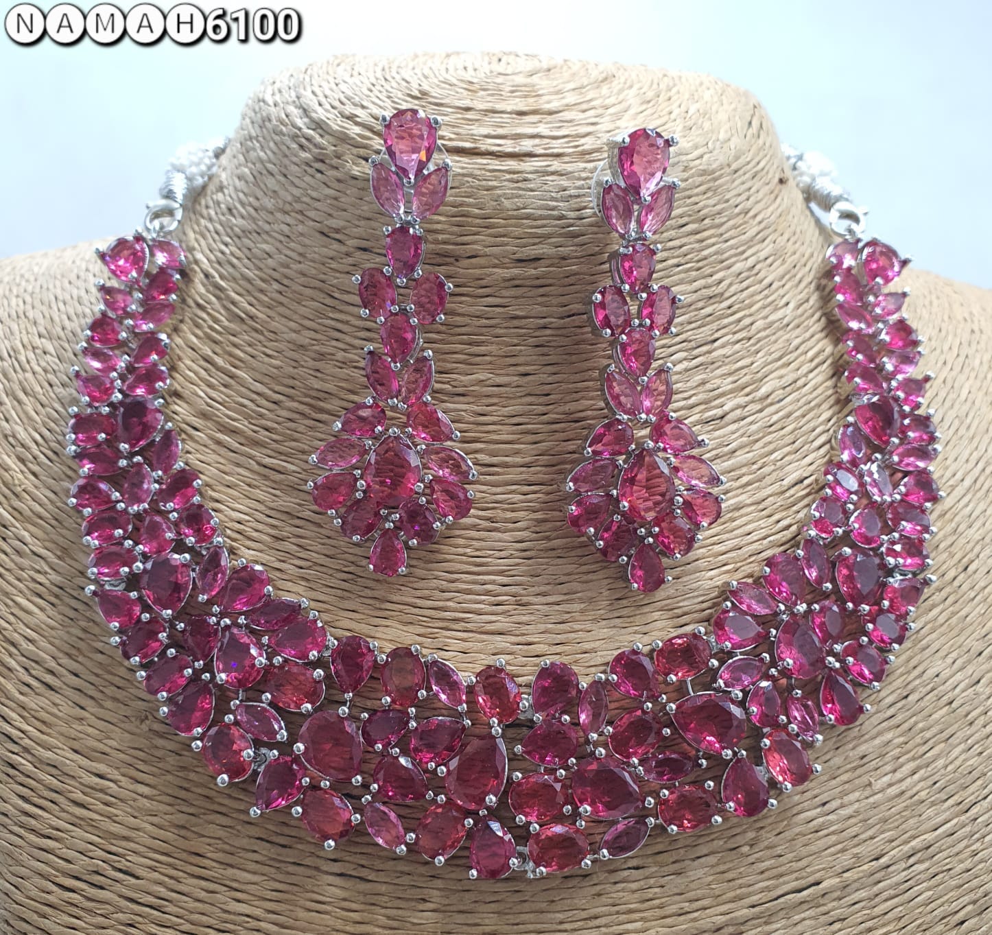 Ruby Pink American Diamond Necklace Jewellery Set