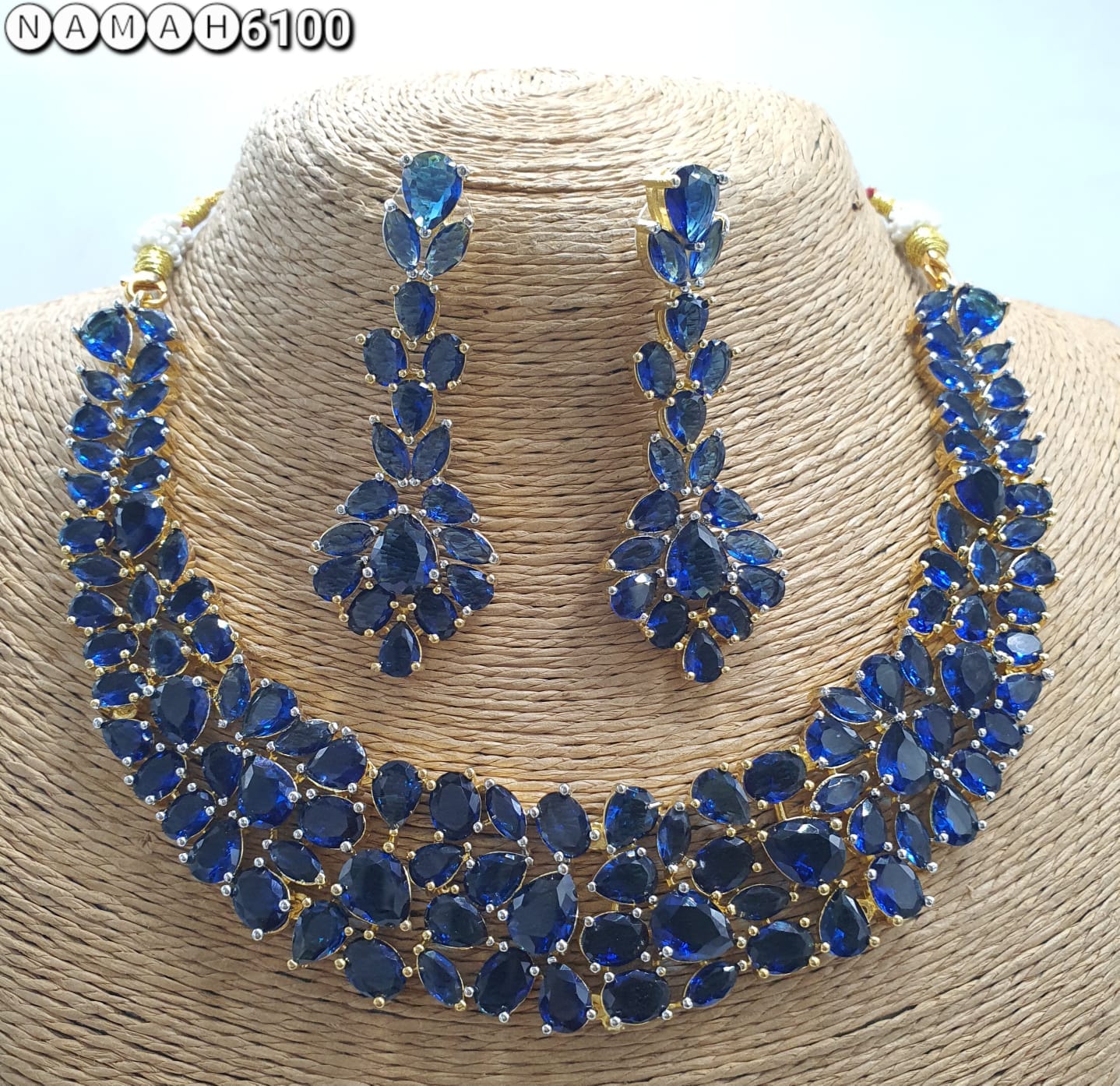 Blue American Diamond Necklace Jewellery Set