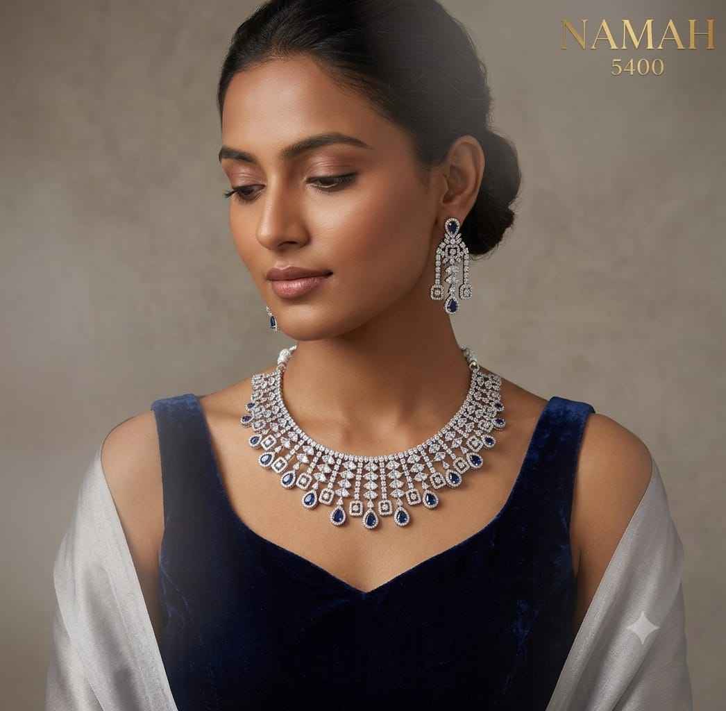 White &amp; Blue American Diamond Necklace Jewellery Set
