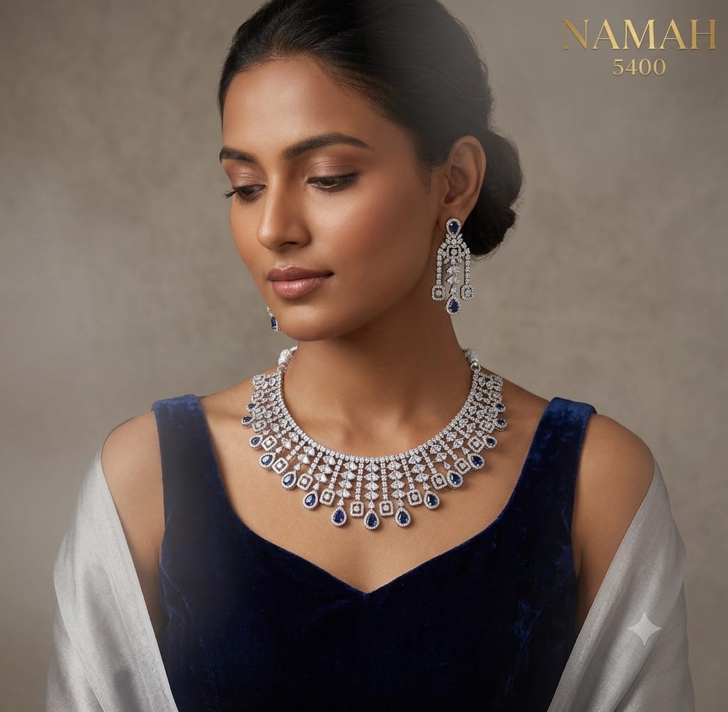 White &amp; Blue American Diamond Necklace Jewellery Set