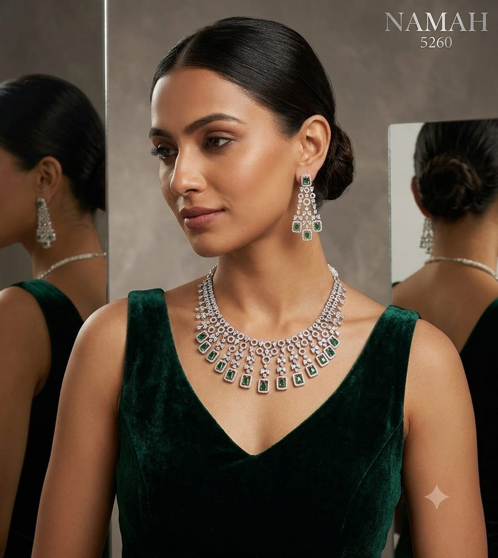 White &amp; Green American Diamond Necklace Jewellery Set