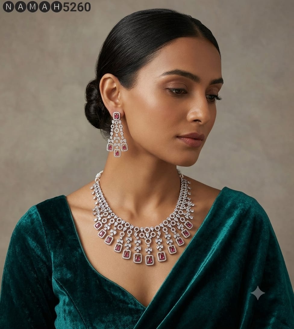 White &amp; Pink American Diamond Necklace Jewellery Set