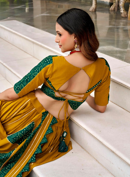 Mustard Pure Rayon Ajrakh Printed Navratri Lehenga Choli