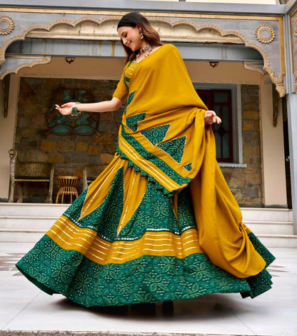 Mustard Pure Rayon Ajrakh Printed Navratri Lehenga Choli