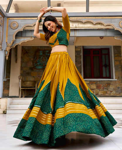 Mustard Pure Rayon Ajrakh Printed Navratri Lehenga Choli