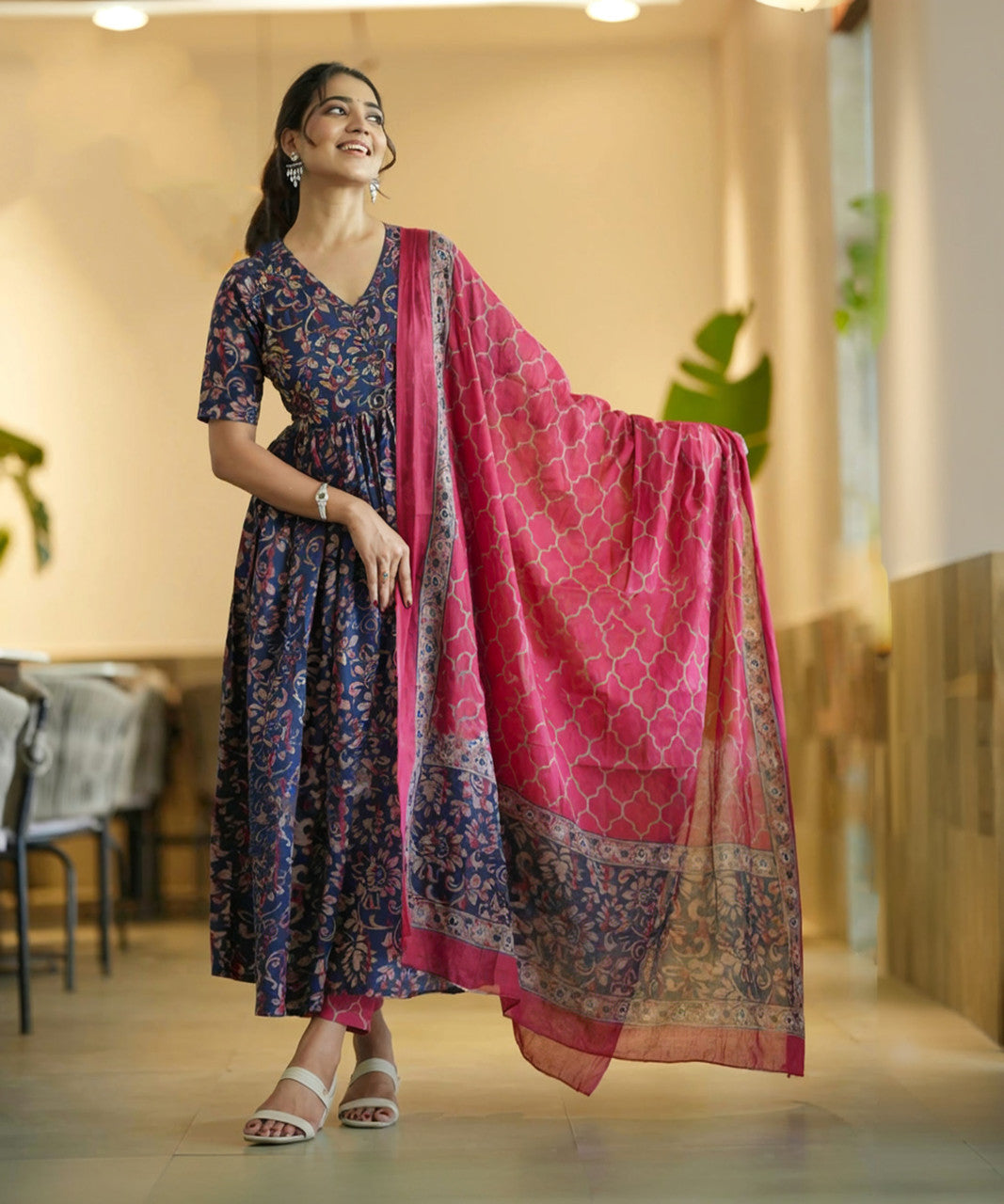 Navy Blue Pure Soft Reyon Cotton Blend Print Salwar Suit