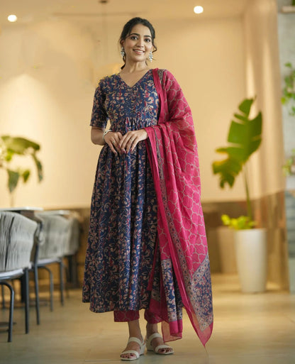 Navy Blue Pure Soft Reyon Cotton Blend Print Salwar Suit