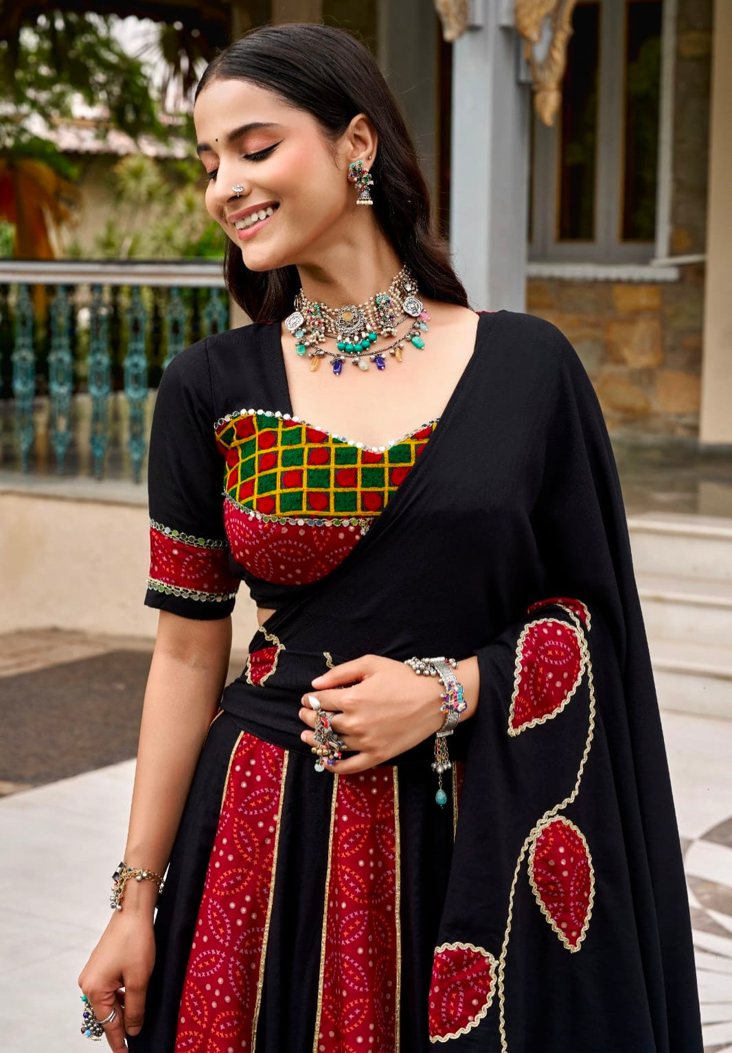 Black Pure Rayon Ajrakh Printed Navratri Lehenga Choli