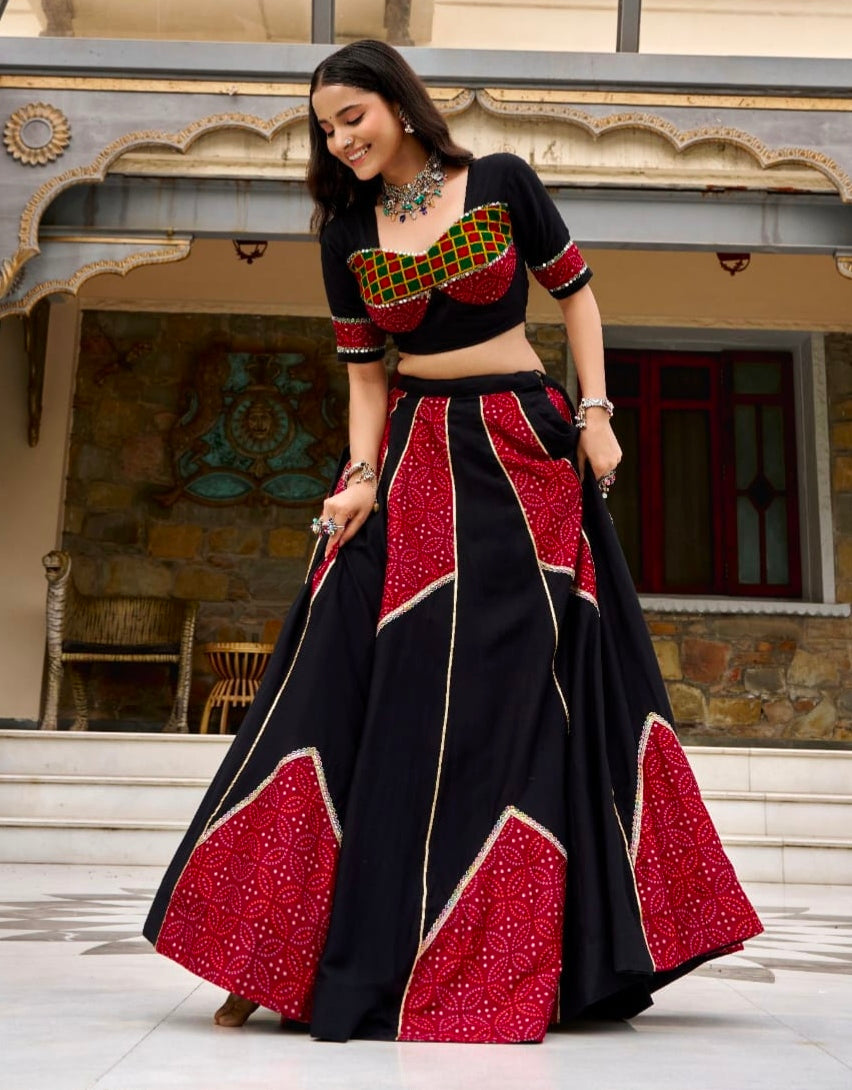 Black Pure Rayon Ajrakh Printed Navratri Lehenga Choli