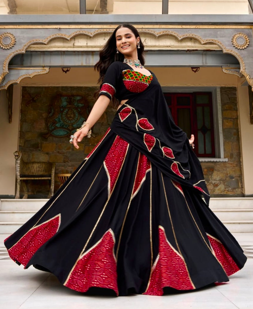 Black Pure Rayon Ajrakh Printed Navratri Lehenga Choli