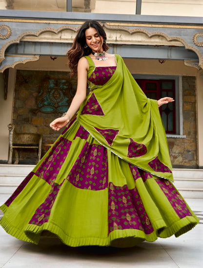 Parrot Pure Rayon Ajrakh Printed Navratri Lehenga Choli