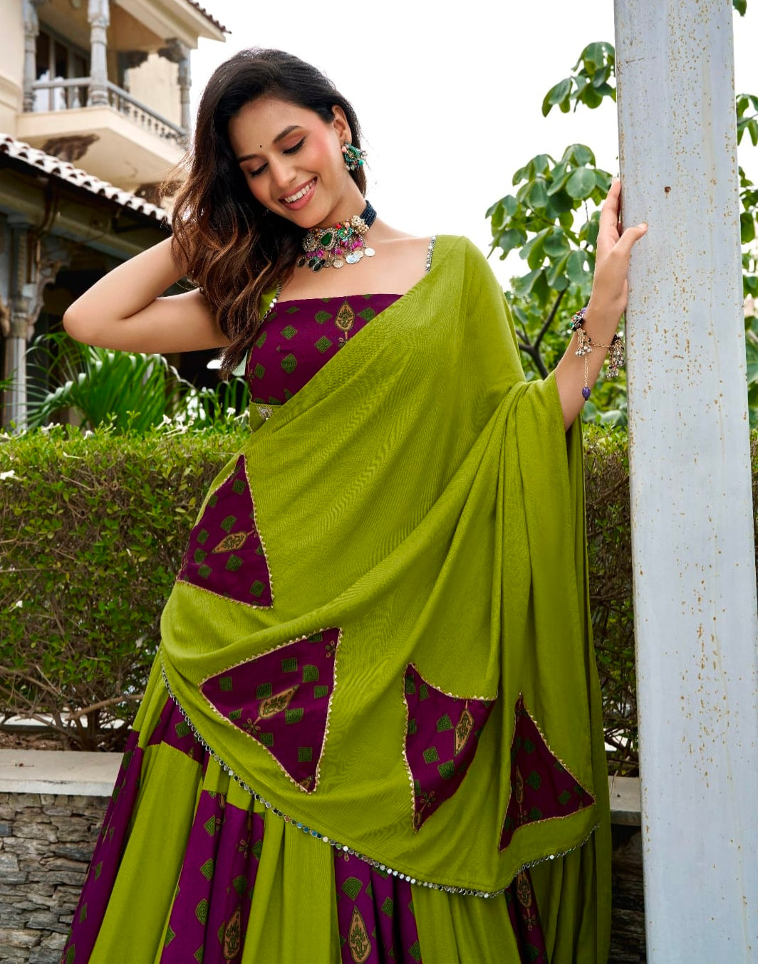 Parrot Pure Rayon Ajrakh Printed Navratri Lehenga Choli