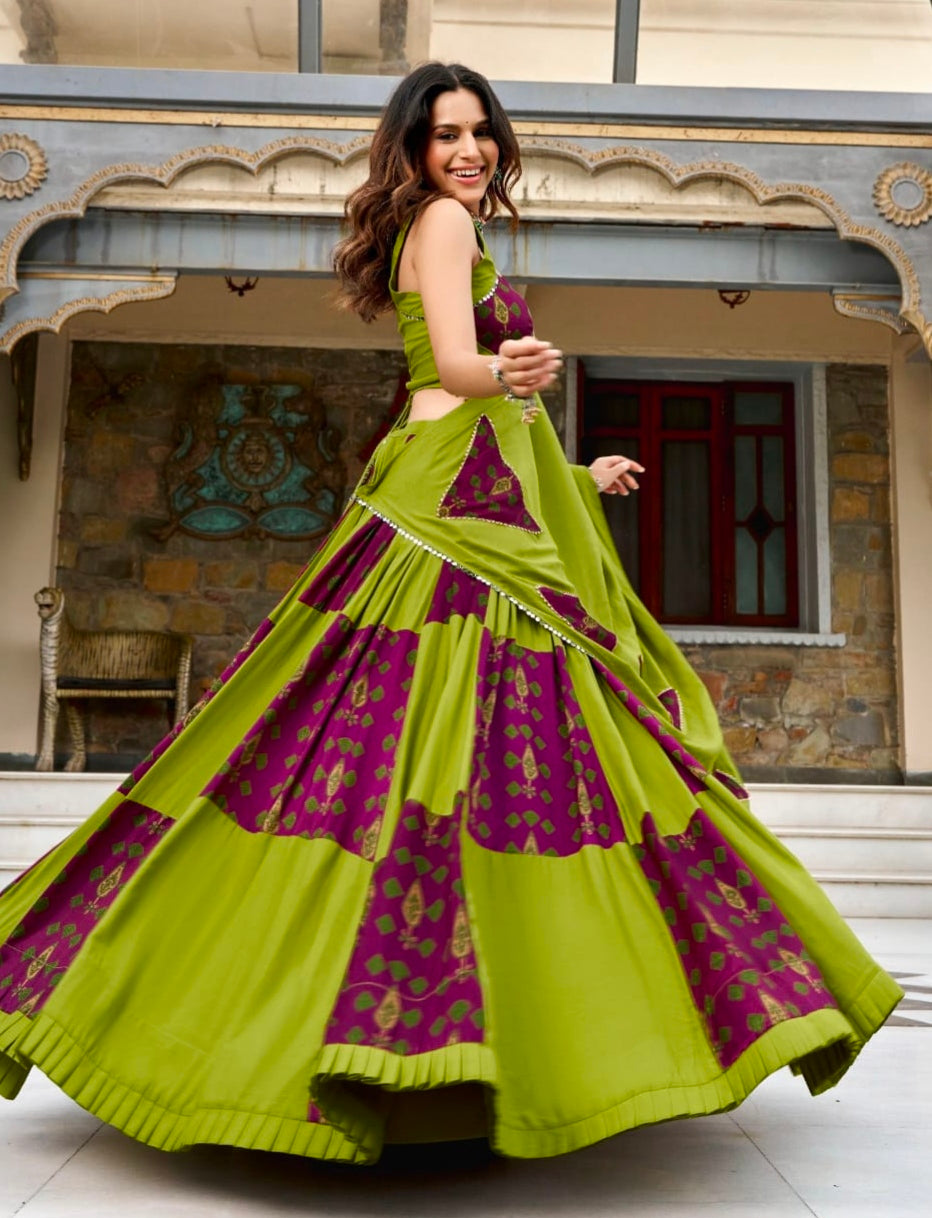 Parrot Pure Rayon Ajrakh Printed Navratri Lehenga Choli
