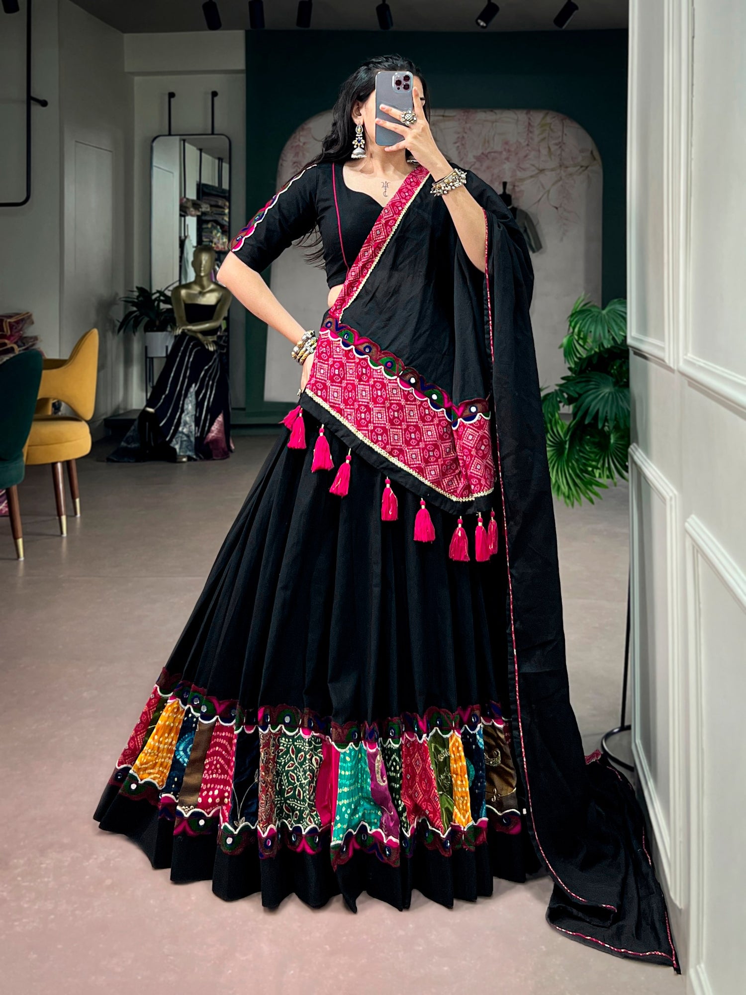 Black Pure Rayon Ajrakh Printed Navratri Lehenga Choli