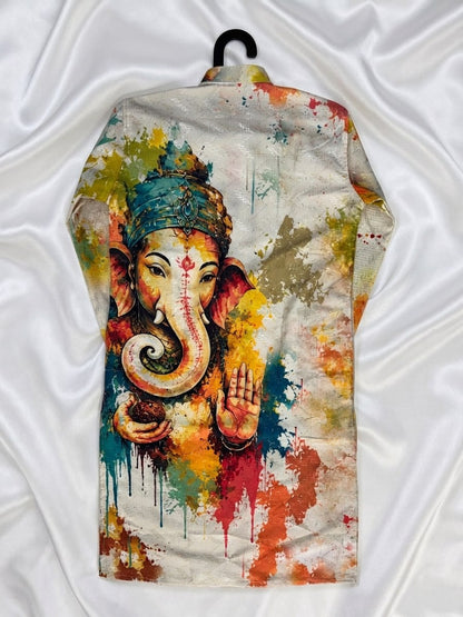 White Pure Cotton Digital Print with Sequins Work Ganpati Festival Men&