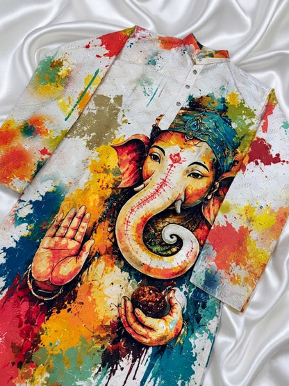 White Pure Cotton Digital Print with Sequins Work Ganpati Festival Men&