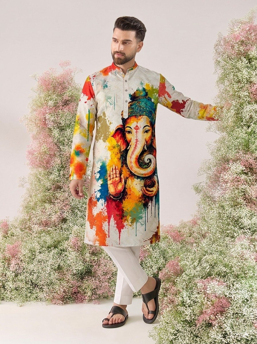 White Pure Cotton Digital Print with Sequins Work Ganpati Festival Men&
