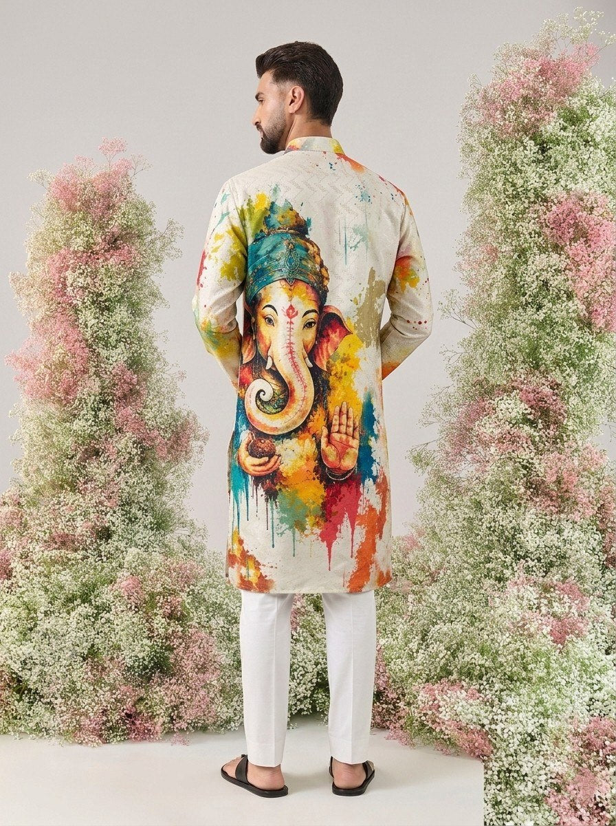 White Pure Cotton Digital Print with Sequins Work Ganpati Festival Men&