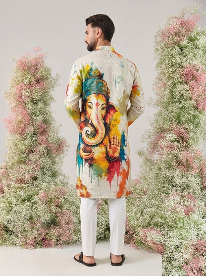 White Pure Cotton Digital Print with Sequins Work Ganpati Festival Men&