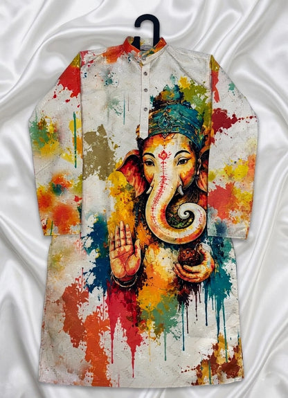 White Pure Cotton Digital Print with Sequins Work Ganpati Festival Men&