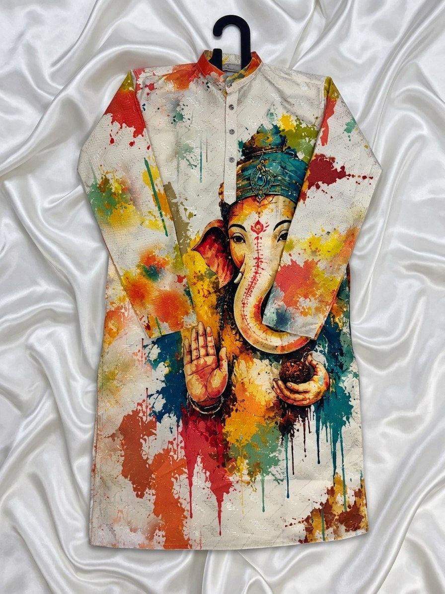 White Pure Cotton Digital Print with Sequins Work Ganpati Festival Men&