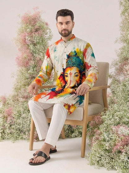 White Pure Cotton Digital Print with Sequins Work Ganpati Festival Men&