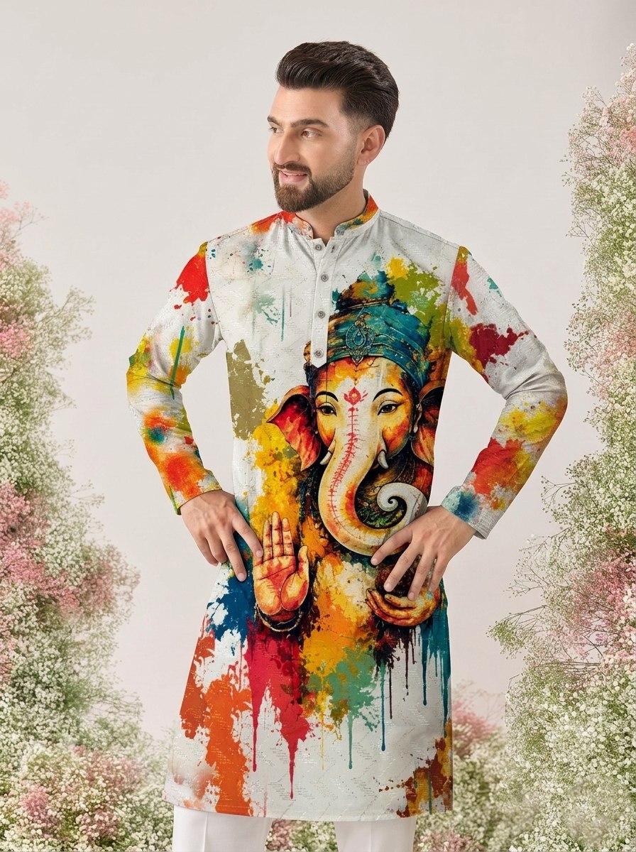 White Pure Cotton Digital Print with Sequins Work Ganpati Festival Men&