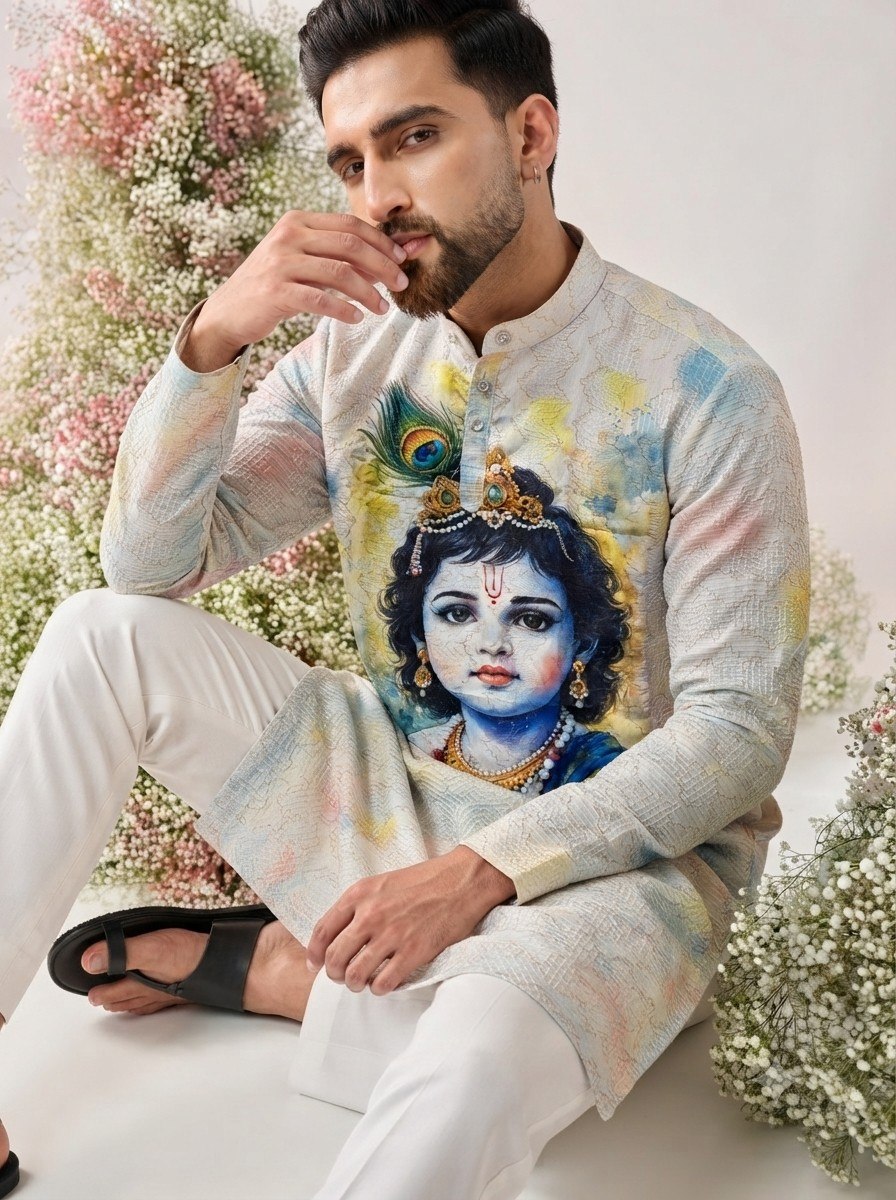 White Pure Cotton Digital Print with Sequins Work Krishna Janmashtami Special Men&