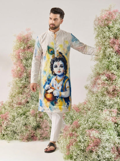 White Pure Cotton Digital Print with Sequins Work Krishna Janmashtami Special Men&