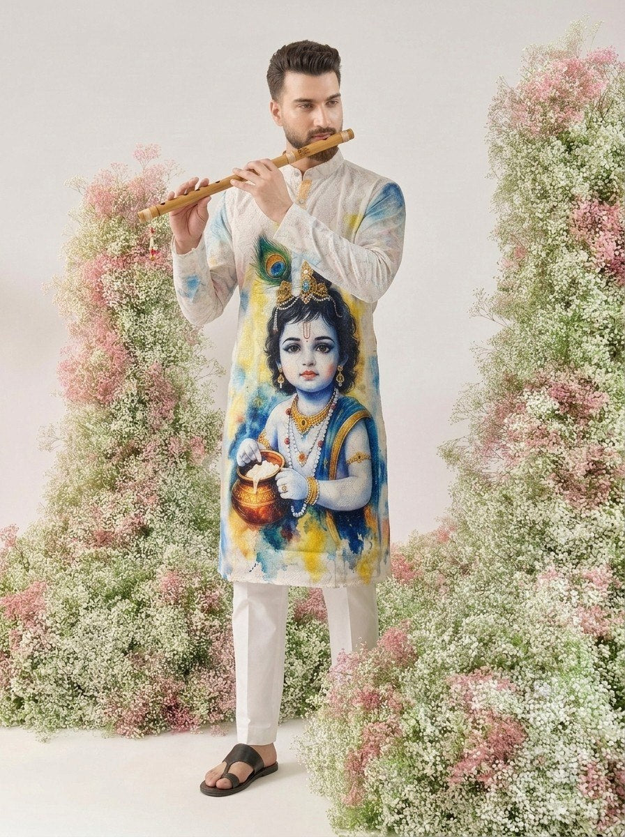 White Pure Cotton Digital Print with Sequins Work Krishna Janmashtami Special Men&