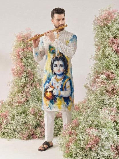 White Pure Cotton Digital Print with Sequins Work Krishna Janmashtami Special Men&