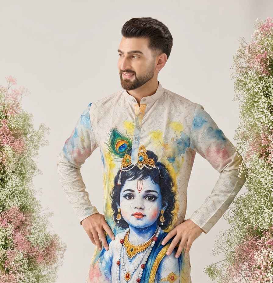 White Pure Cotton Digital Print with Sequins Work Krishna Janmashtami Special Men&