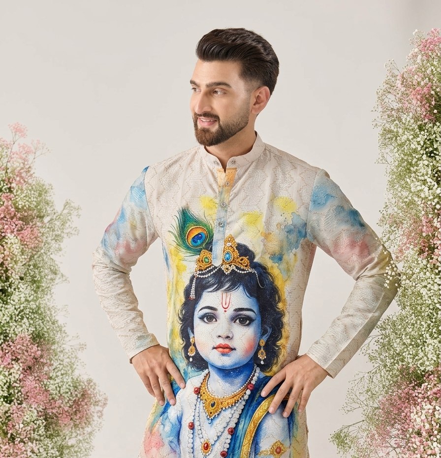 White Pure Cotton Digital Print with Sequins Work Krishna Janmashtami Special Men&