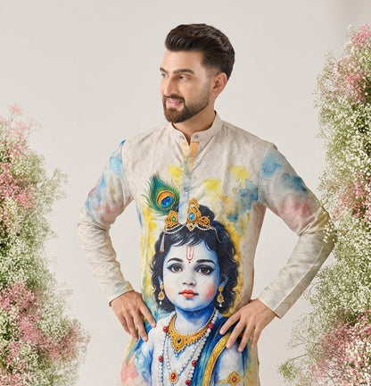 White Pure Cotton Digital Print with Sequins Work Krishna Janmashtami Special Men&