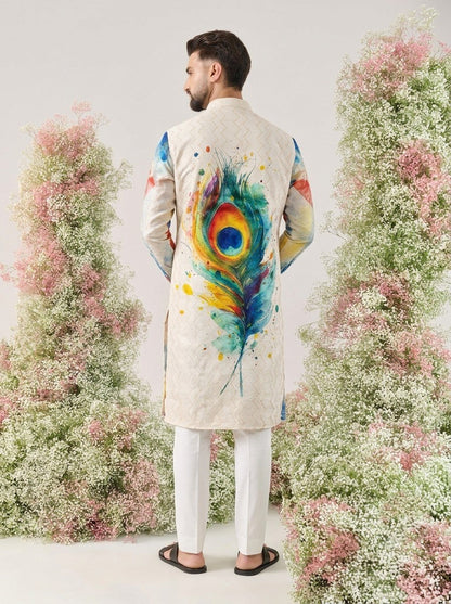 White Pure Cotton Digital Print with Sequins Work Krishna Janmashtami Special Men&
