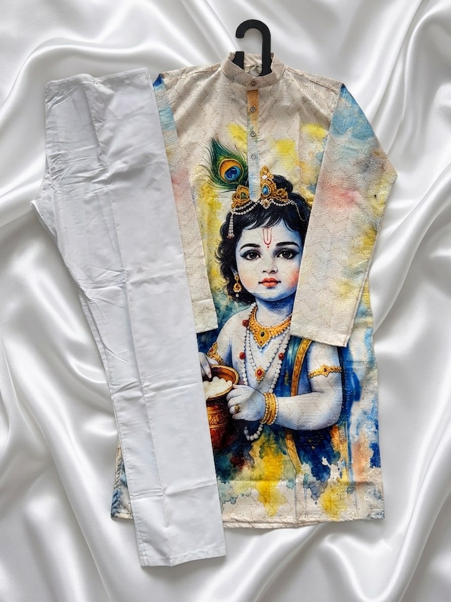 White Pure Cotton Digital Print with Sequins Work Krishna Janmashtami Special Men&