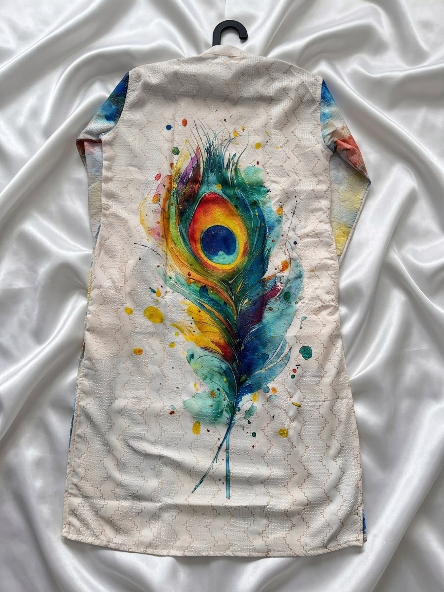 White Pure Cotton Digital Print with Sequins Work Krishna Janmashtami Special Men&