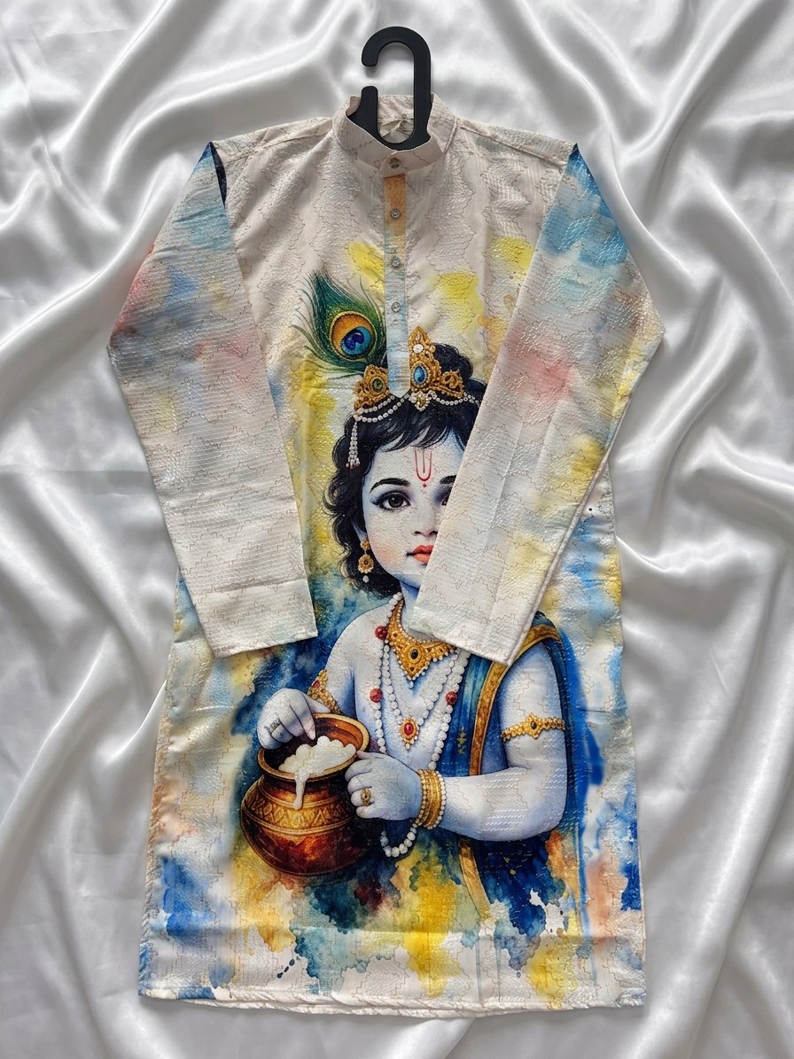 White Pure Cotton Digital Print with Sequins Work Krishna Janmashtami Special Men&