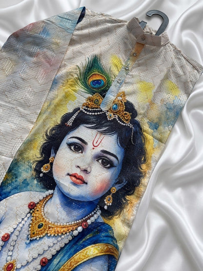 White Pure Cotton Digital Print with Sequins Work Krishna Janmashtami Special Men&