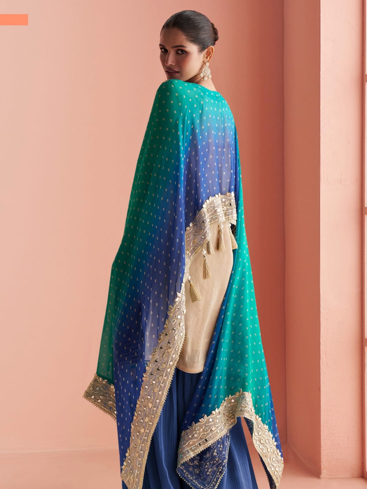 Teal Blue &amp; Navy Blue Sharara Suit with Pauncho Style Top &amp; Dupatta