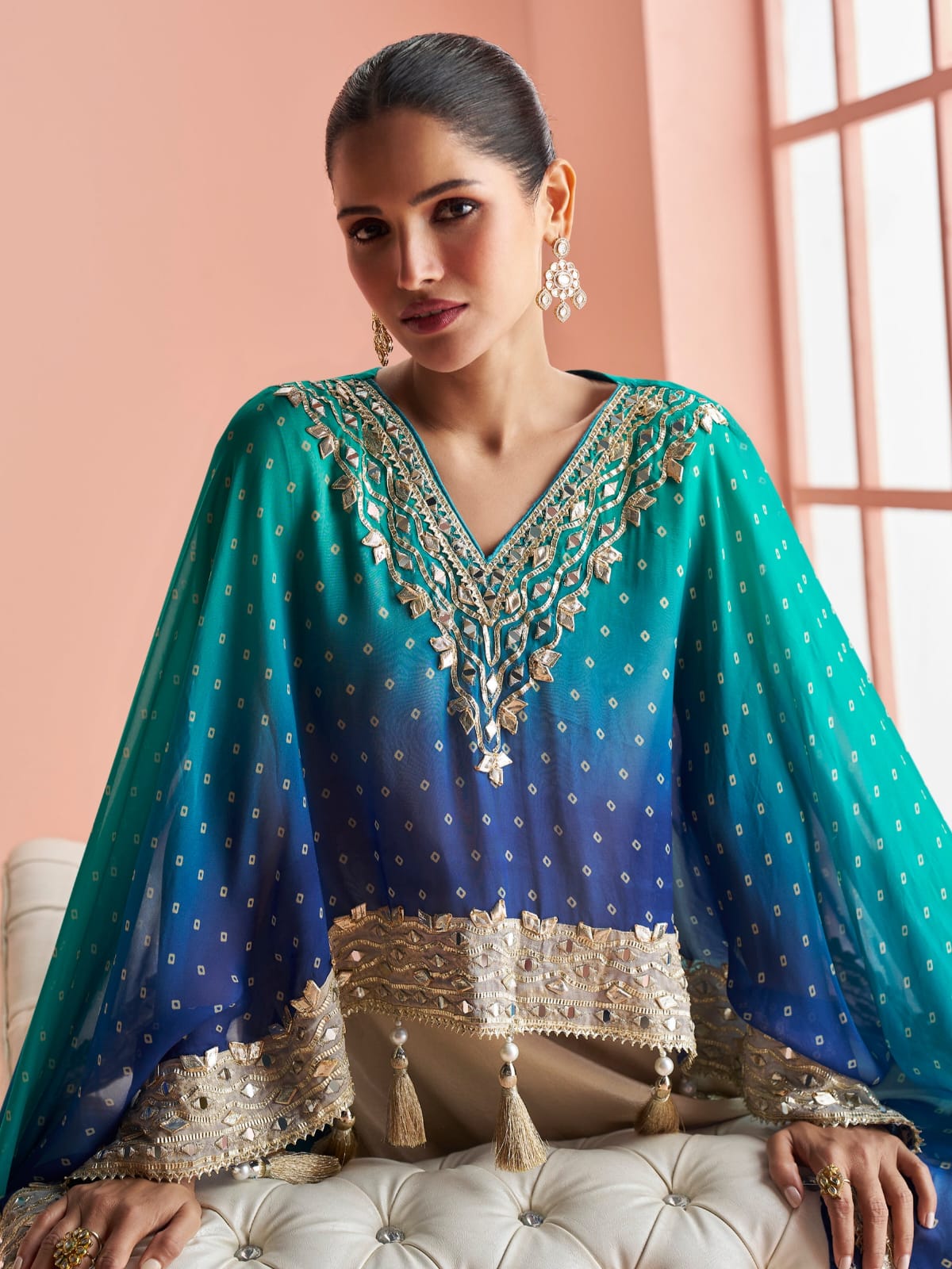 Teal Blue &amp; Navy Blue Sharara Suit with Pauncho Style Top &amp; Dupatta