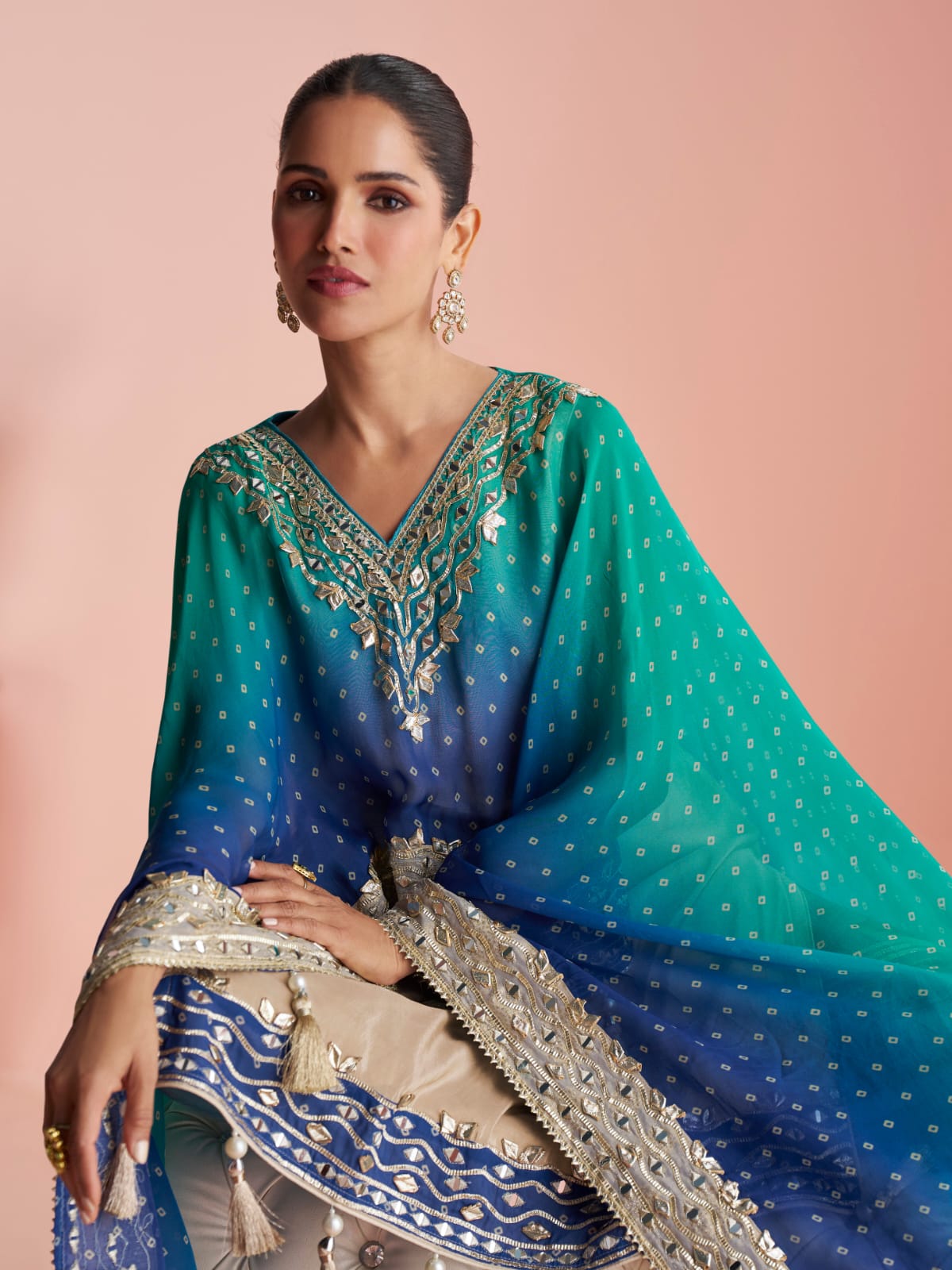 Teal Blue &amp; Navy Blue Sharara Suit with Pauncho Style Top &amp; Dupatta